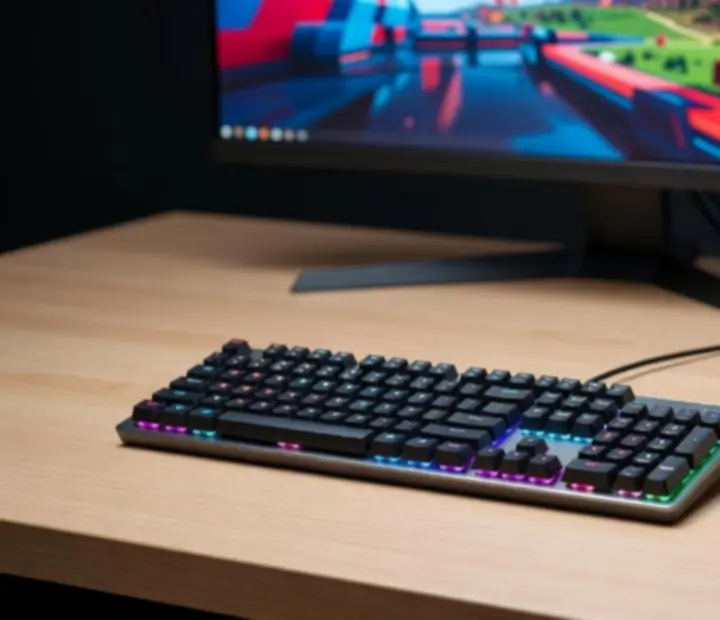 Zestaw akcesoriów gamingowych do PC: klawiatura, mysz, słuchawki i monitor