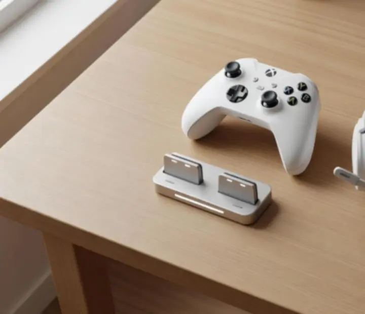 Zestaw akcesoriów Xbox ułożony na biurku: kontrolery, słuchawki i konsola