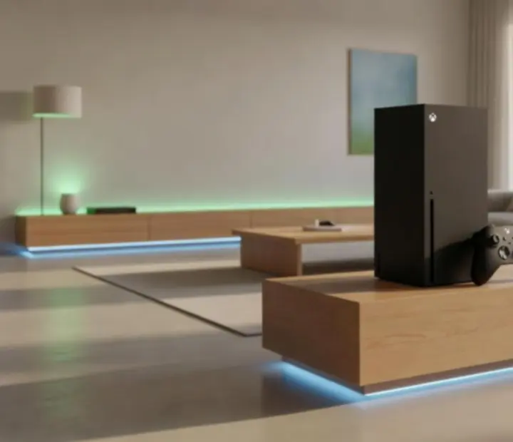 Konsola Xbox stojąca w nowoczesnym salonie, obok telewizora i akcesoriów gamingowych